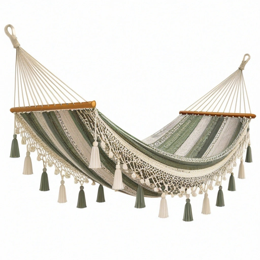 Amaca 200 x 100 cm in cotone verde e beige con frange per giardino