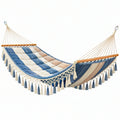 Amaca imbottita 200 x 120 cm in tessuto blu beige con barre in legno per esterno