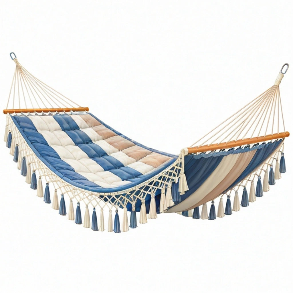 Amaca imbottita 200 x 120 cm in tessuto blu beige con barre in legno per esterno