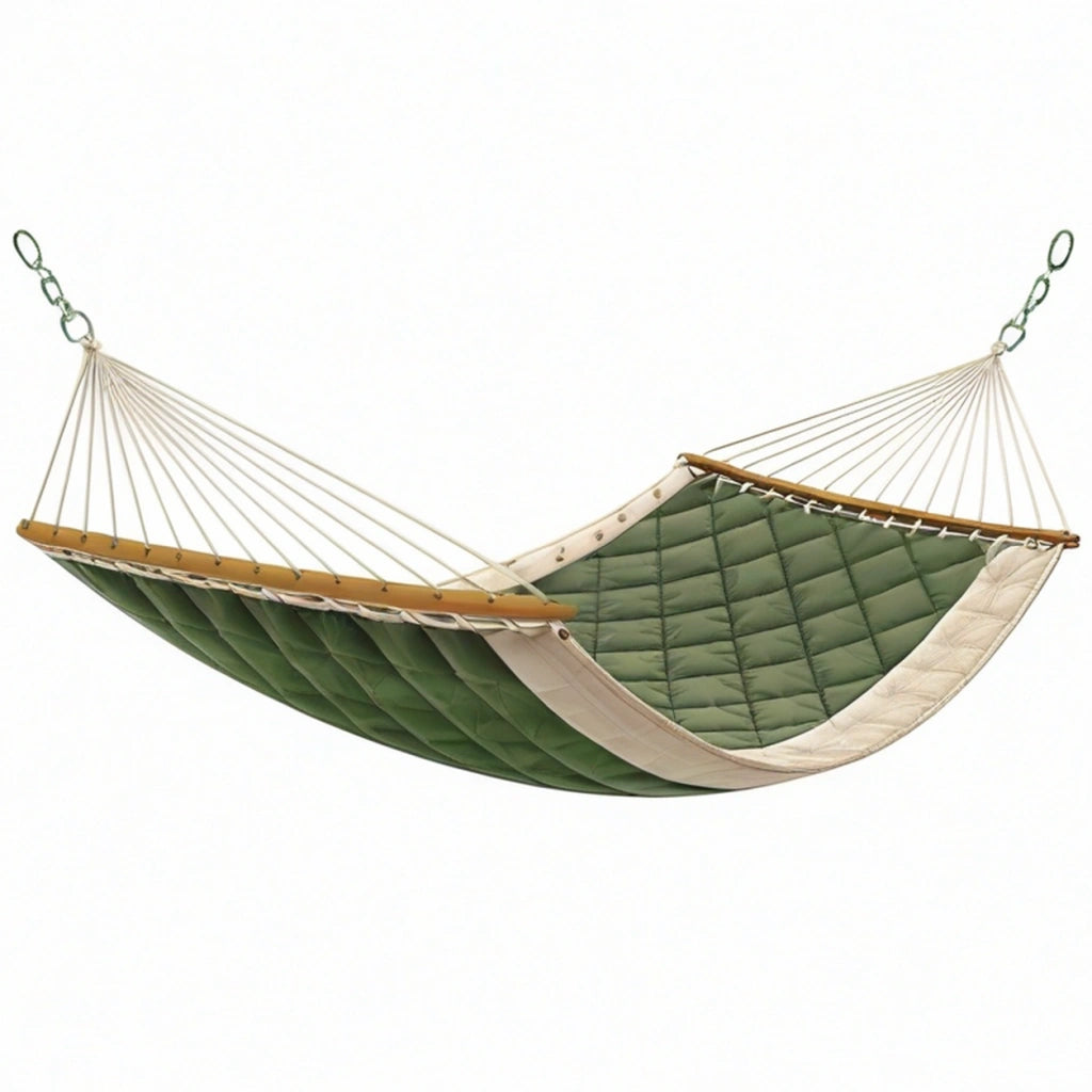 Amaca trapuntata 320 x 120 cm verde e avorio in tessuto con barre in legno per giardino stile sospeso