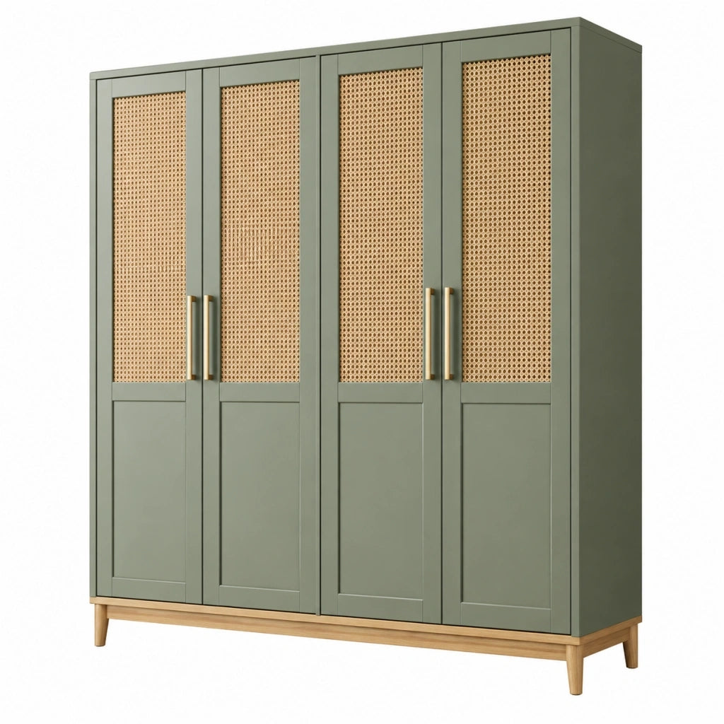 Armadio guardaroba 180 x 55 x 200 cm in legno verde salvia con ante in rattan - stile naturale