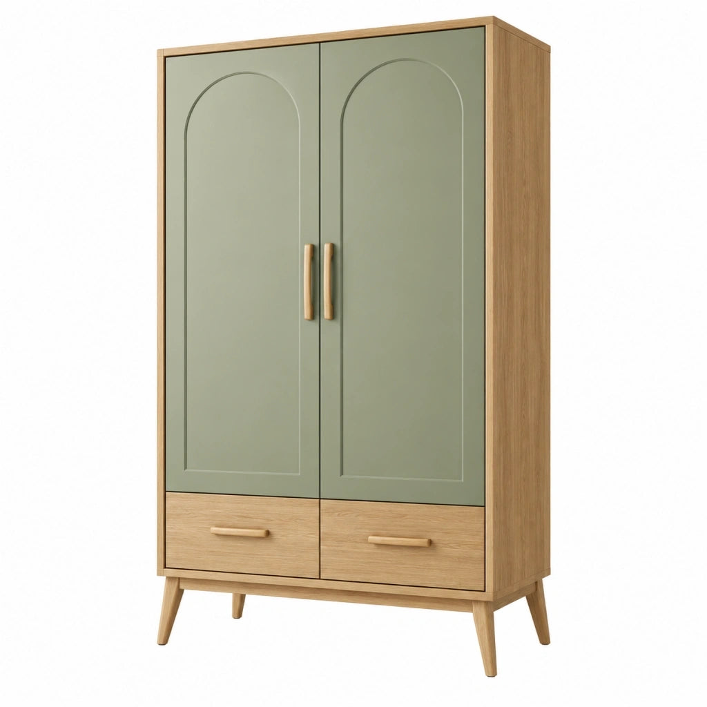 Armadio guardaroba 90 x 50 x 180 cm in legno verde salvia e rovere stile nordico con 2 ante e cassetti