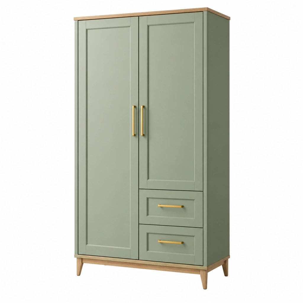 Armadio 100 x 55 x 190 cm in legno verde salvia con 2 ante 2 cassetti stile moderno