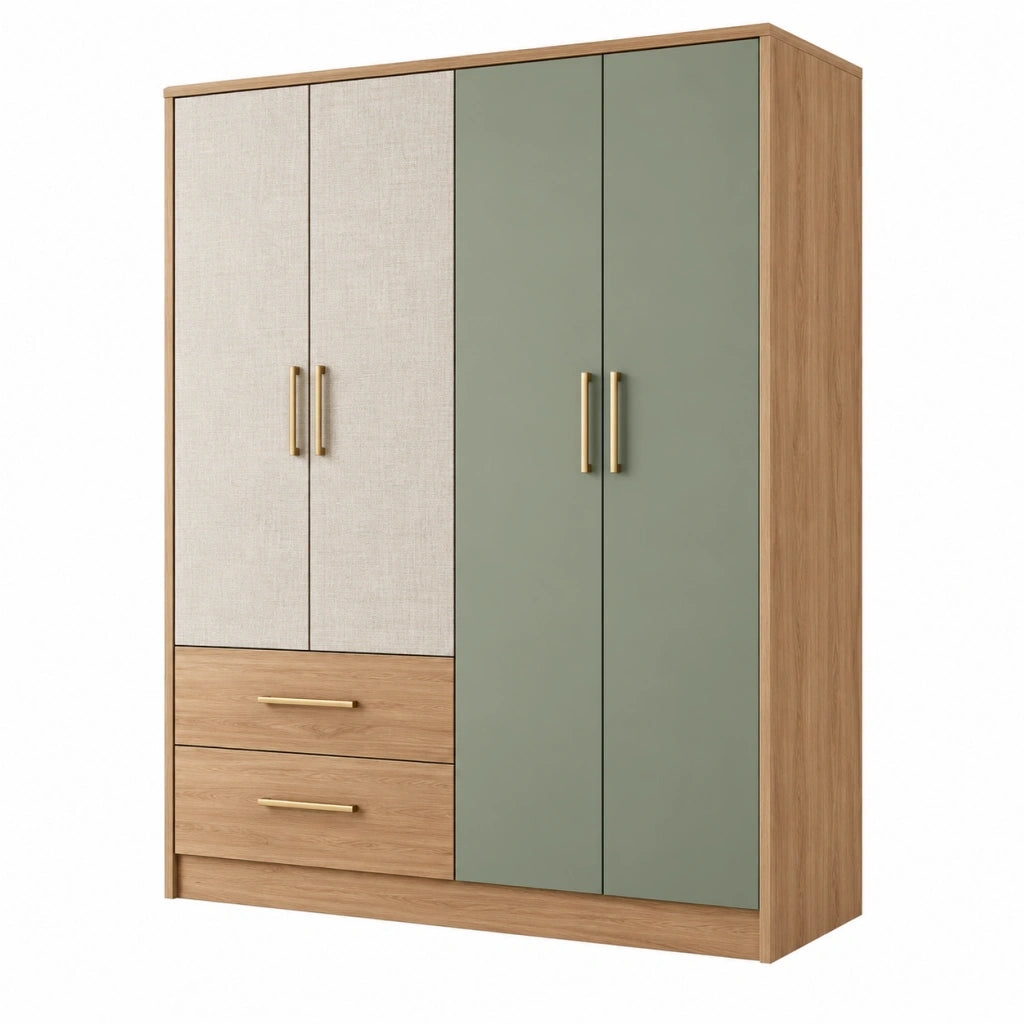 Armadio 160 x 55 x 200 cm in pannelli effetto legno verde e beige con 4 ante e 2 cassetti