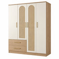 Armadio guardaroba 180 x 55 x 200 cm in legno beige e rovere con inserti effetto rattan e 4 ante