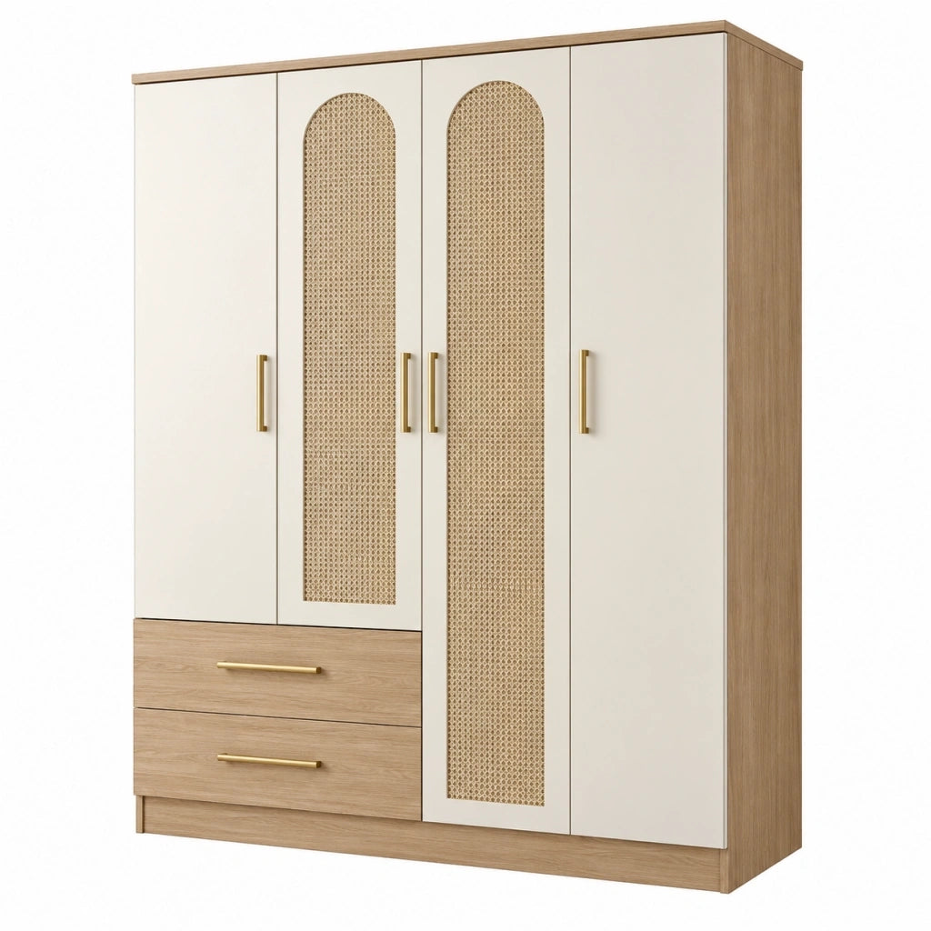Armadio guardaroba 180 x 55 x 200 cm in legno beige e rovere con inserti effetto rattan e 4 ante