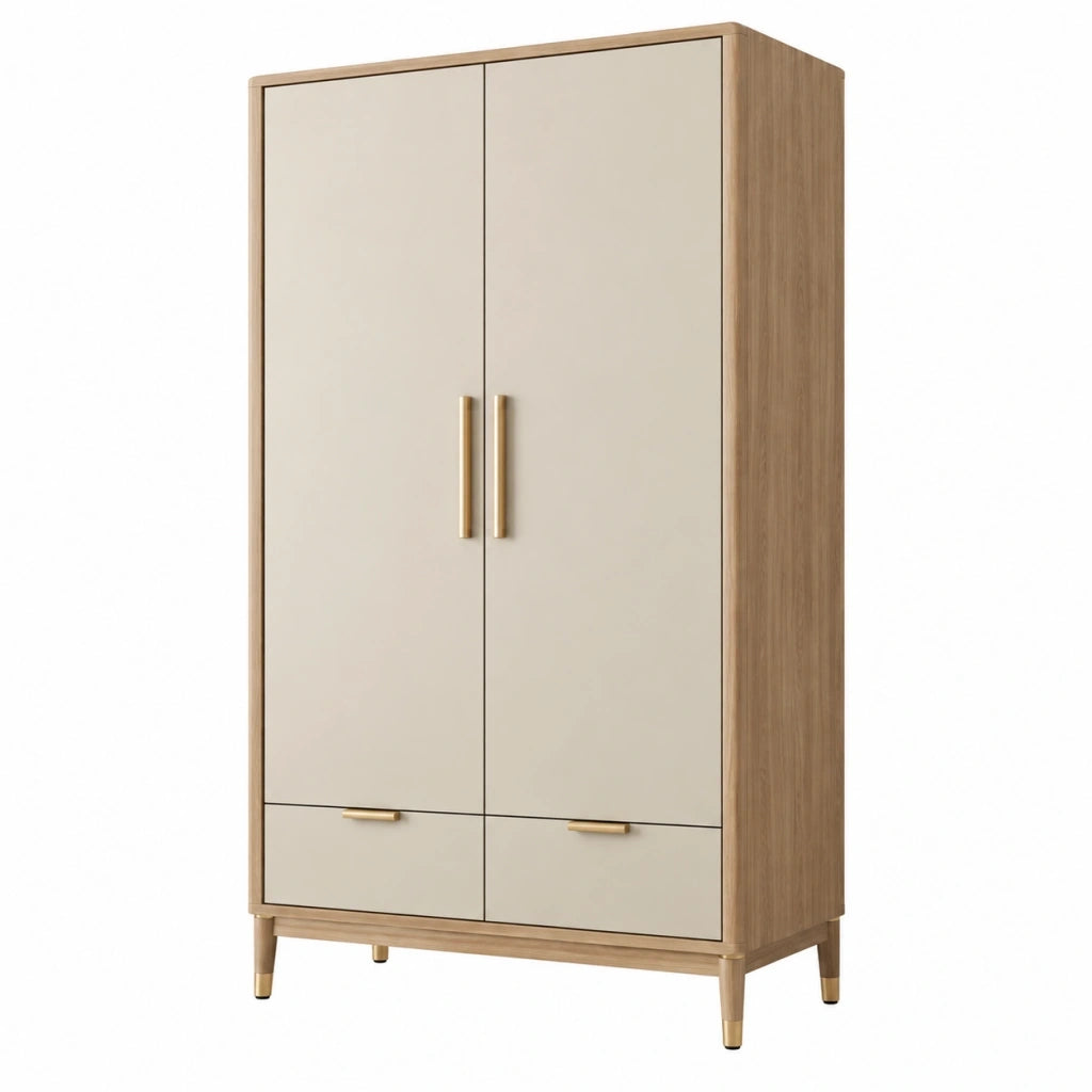 Armadio guardaroba 100 x 55 x 190 cm in legno beige e naturale con 2 ante 2 cassetti stile moderno