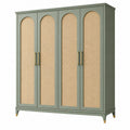 Armadio 200x60x220 cm in legno verde salvia con ante in rattan - contenitore a quattro ante