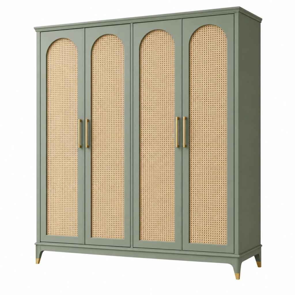 Armadio 200x60x220 cm in legno verde salvia con ante in rattan - contenitore a quattro ante