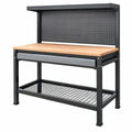 Banco da lavoro 120 cm in acciaio nero e legno naturale con pannello forato e cassetto