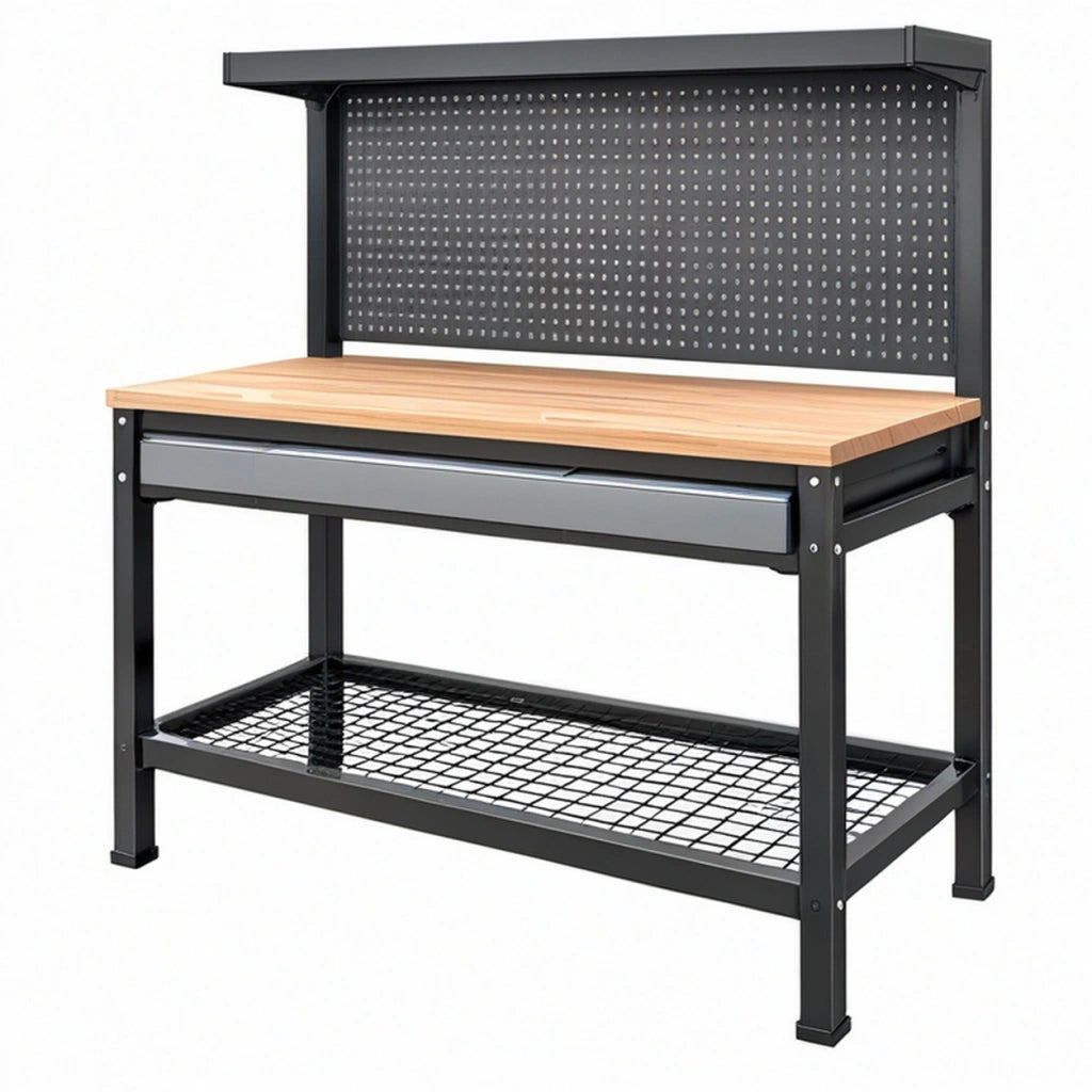 Banco da lavoro 120 cm in acciaio nero e legno naturale con pannello forato e cassetto