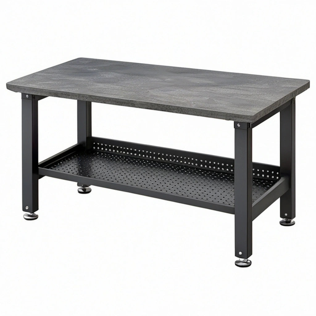 Banco da lavoro 120 x 60 x 85 cm in metallo e pannello effetto legno grigio nero con ripiano inferiore