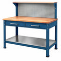 Banco da lavoro 120 x 60 x 150 cm in acciaio blu e legno con pannello portautensili e due cassetti industriale