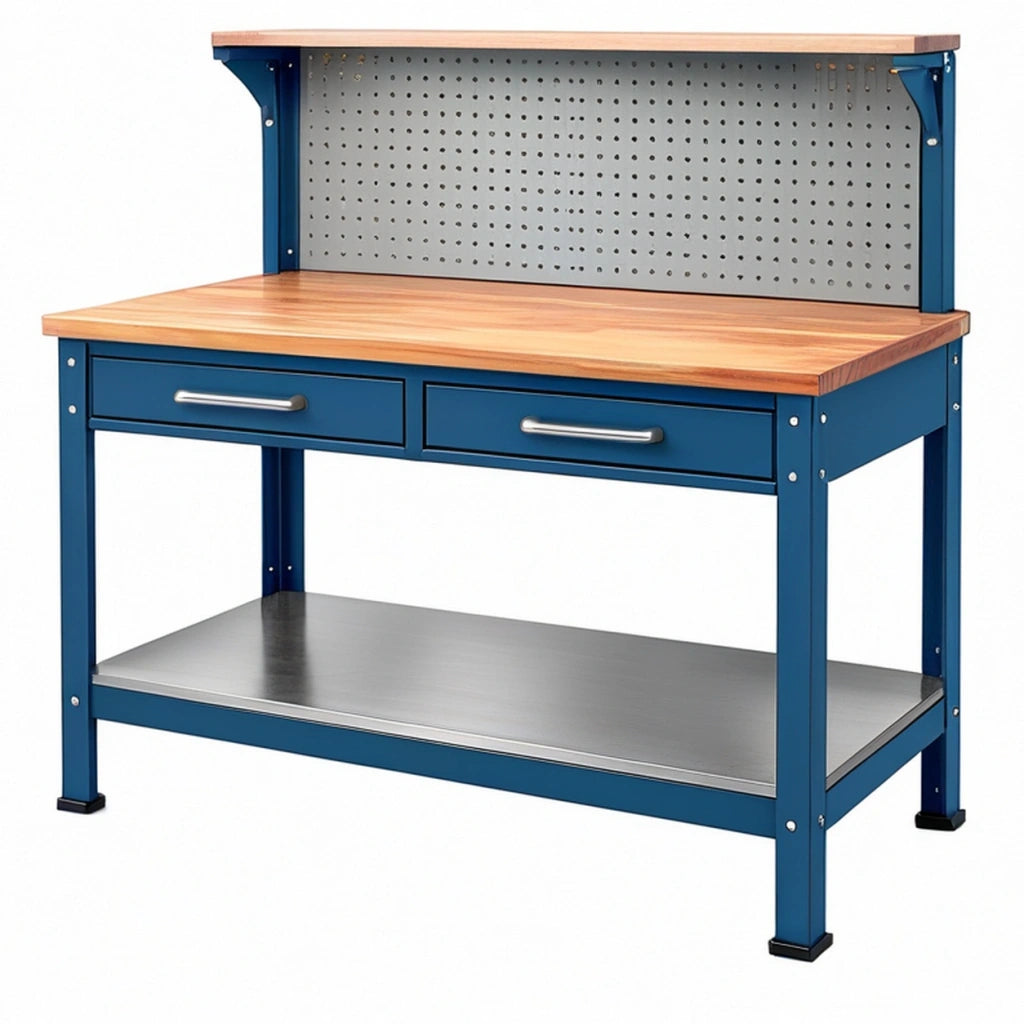 Banco da lavoro 120 x 60 x 150 cm in acciaio blu e legno con pannello portautensili e due cassetti industriale
