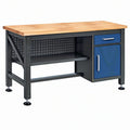 Banco da lavoro 120 x 60 x 85 cm in legno e acciaio nero blu con cassetto e armadietto stile industriale
