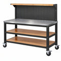 Banco da lavoro 120 x 60 x 150 cm in metallo nero e legno con pannello portautensili e ruote
