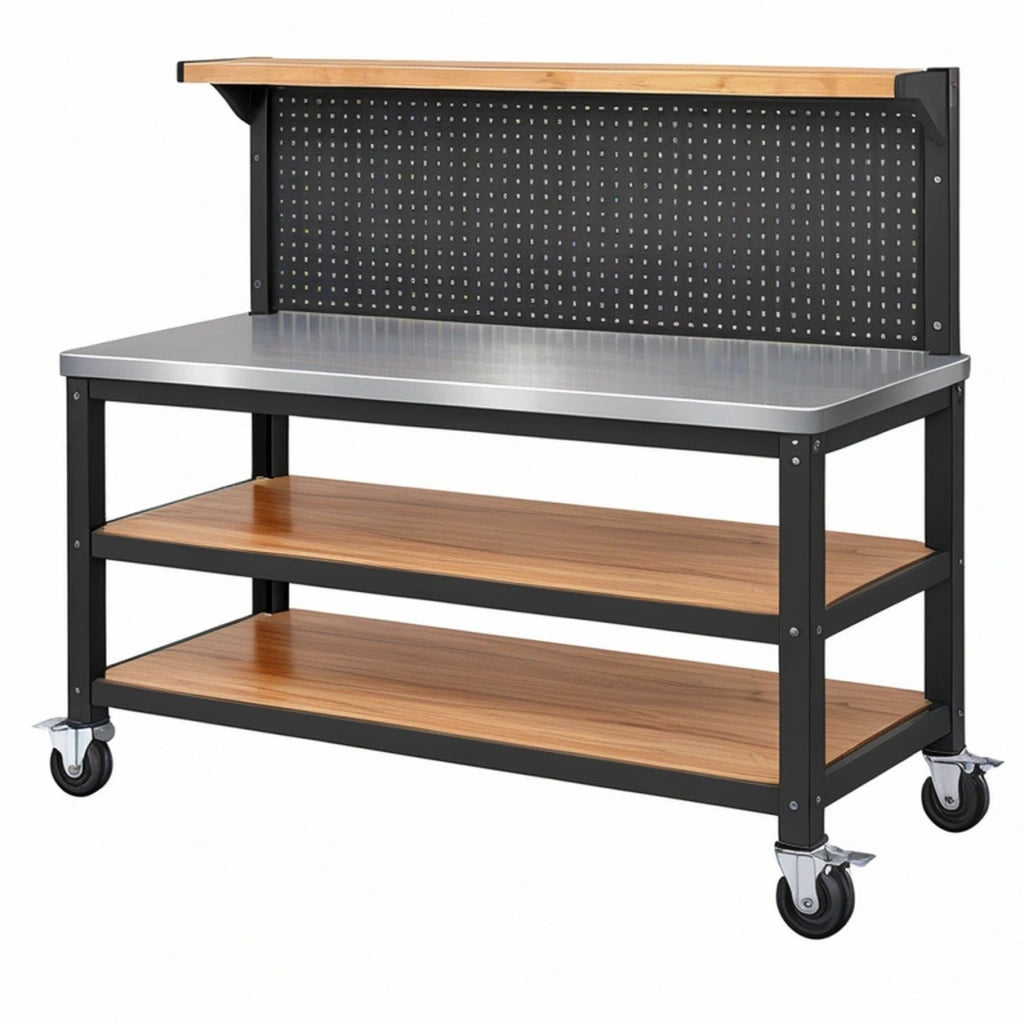 Banco da lavoro 120 x 60 x 150 cm in metallo nero e legno con pannello portautensili e ruote