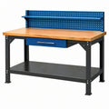 Banco da lavoro 120 x 60 x 150 cm in acciaio e legno marrone blu con pannello portautensili
