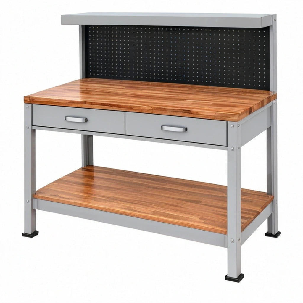 Banco da lavoro 120 x 60 x 150 cm in legno e metallo marrone grigio con cassetti e pannello forato