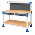 Banco da lavoro 120 cm x 60 cm x 150 cm in acciaio bianco blu con piano effetto legno e pannello portautensili