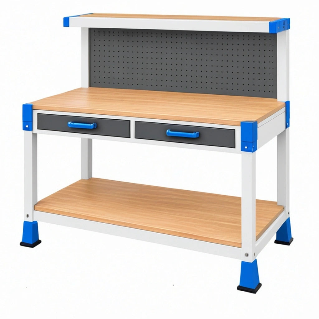 Banco da lavoro 120 cm x 60 cm x 150 cm in acciaio bianco blu con piano effetto legno e pannello portautensili