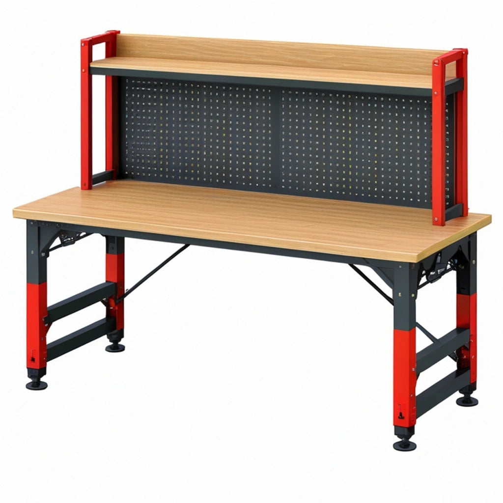 Banco da lavoro 120 x 60 x 150 cm in acciaio e legno rosso nero con pannello portautensili
