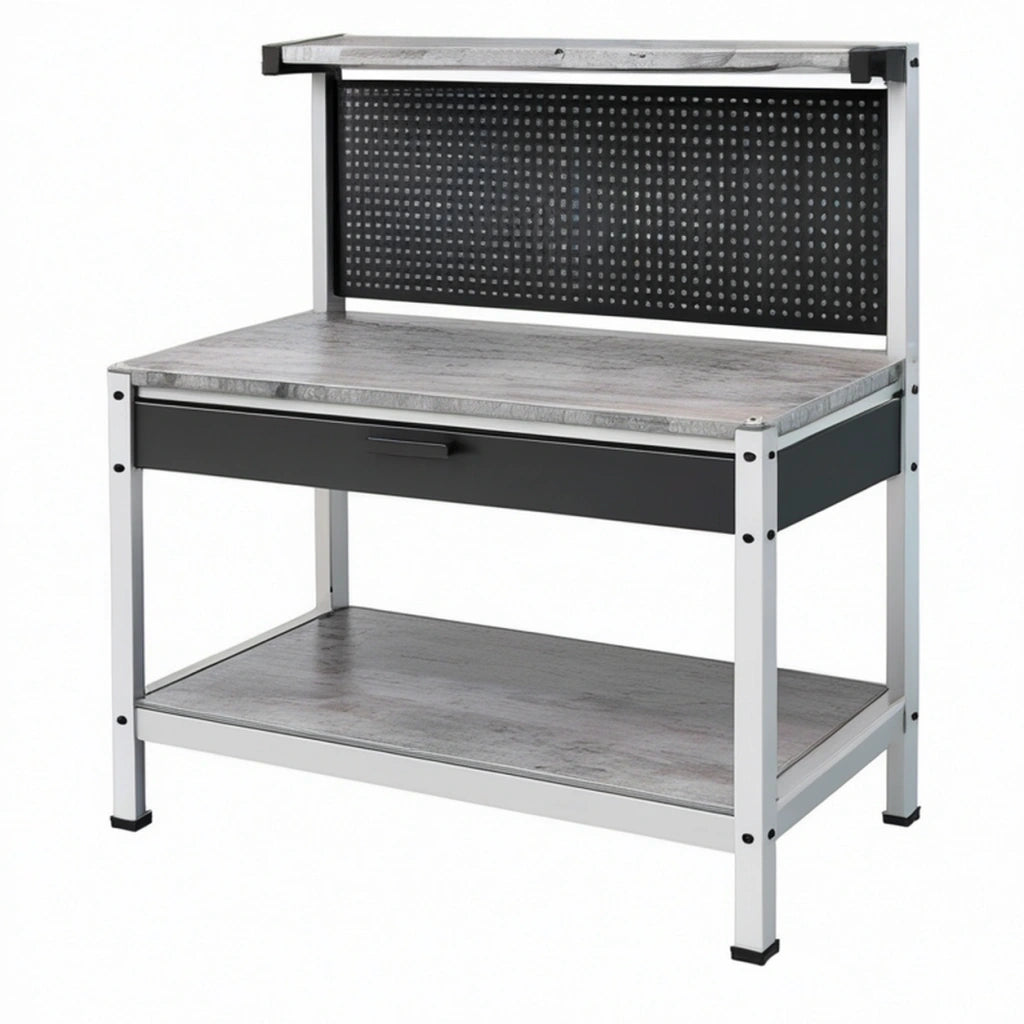Banco da lavoro 120x60x150 cm in acciaio grigio con pannello portautensili e cassetto