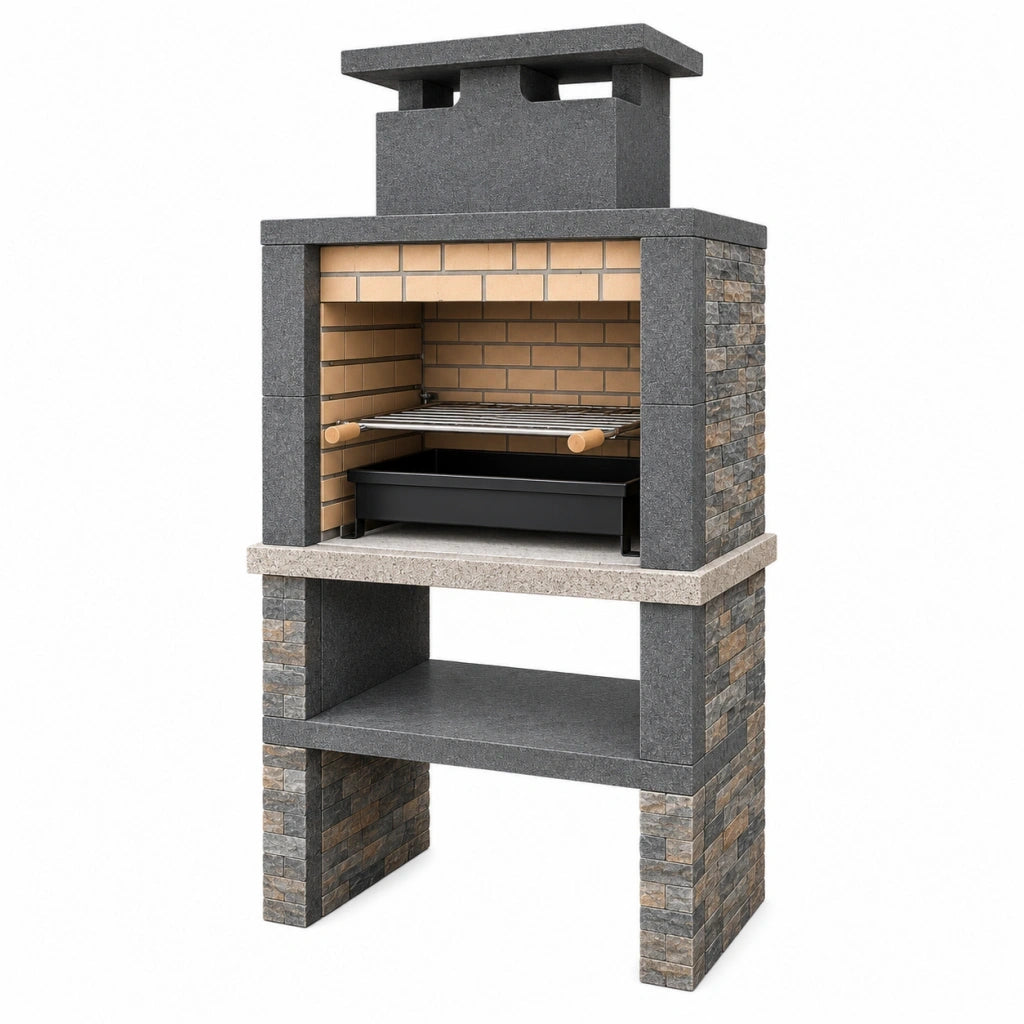 Barbecue da giardino 100 x 60 x 210 cm in pietra grigio antracite con griglia per cottura alla brace