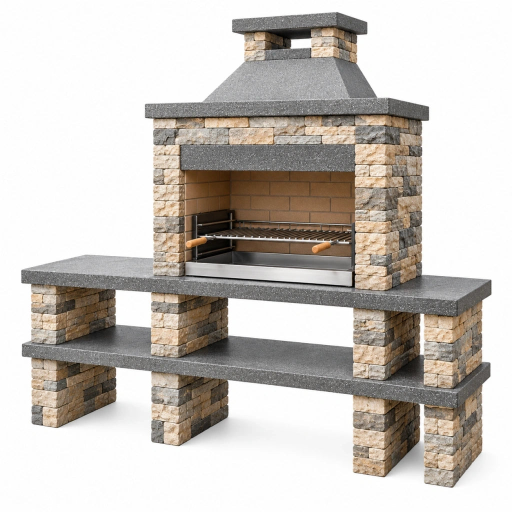 Barbecue da giardino 200 x 70 x 220 cm in pietra e metallo grigio/beige con camino e griglia