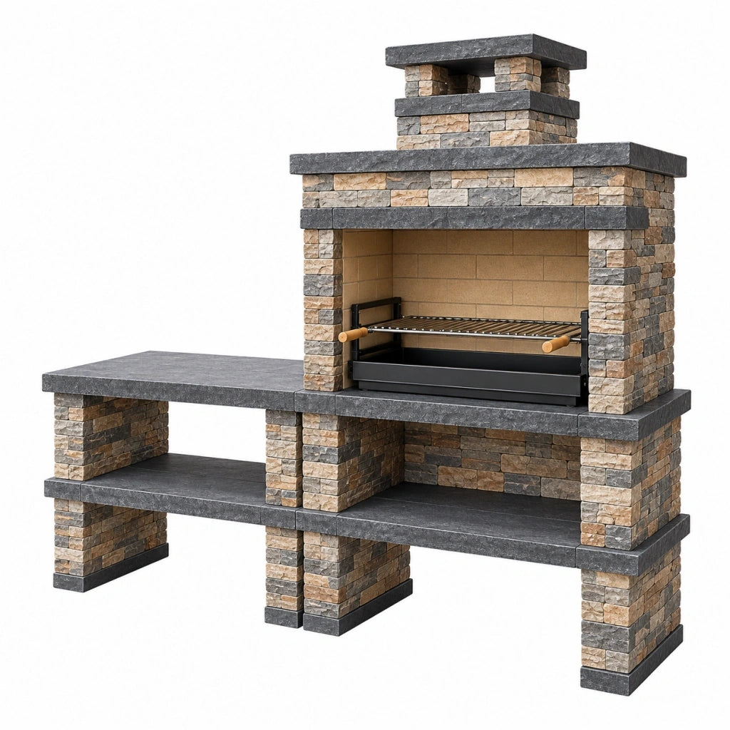 Barbecue da giardino in muratura 180 x 70 x 220 cm pietra beige e antracite con griglia in metallo e camino