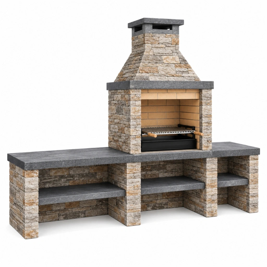 Barbecue da giardino 300 x 70 x 230 cm in pietra beige e grigio con griglia e piani di lavoro