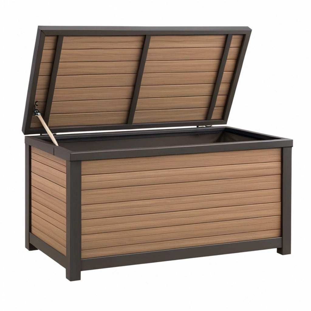 Cassapanca contenitore da esterno 120 x 60 x 65 cm in composito marrone con telaio nero - coperchio sollevabile