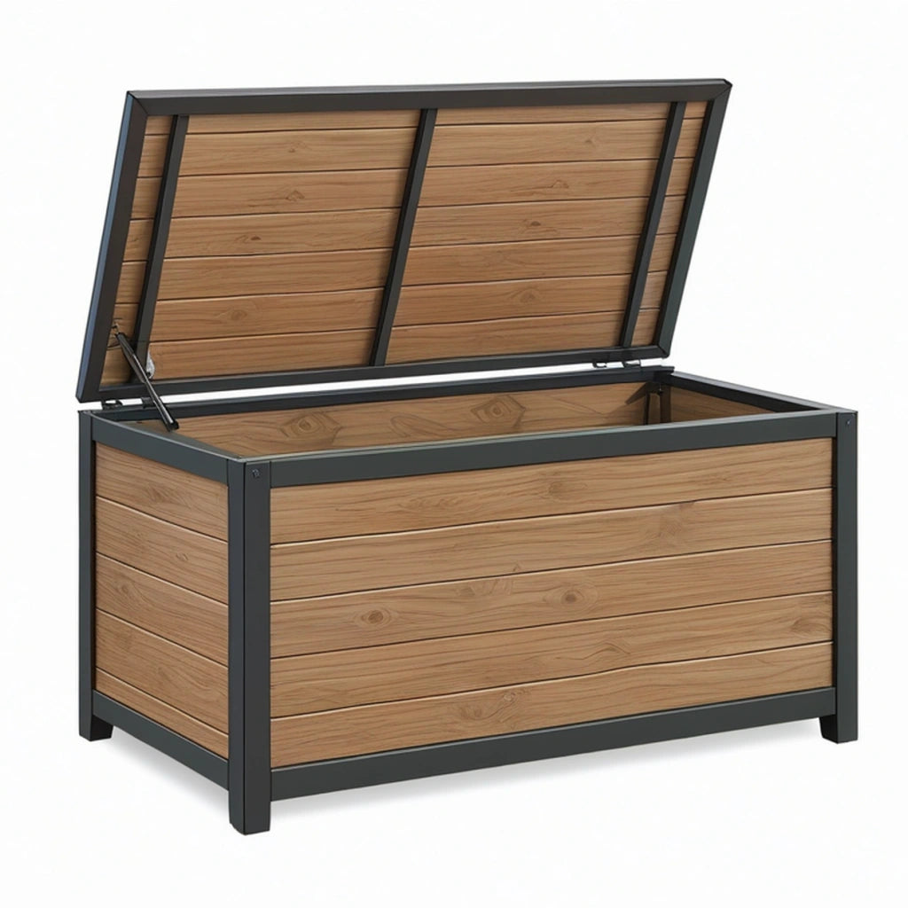Cassapanca da esterno 120 x 60 x 65 cm in legno marrone e metallo nero con coperchio sollevabile