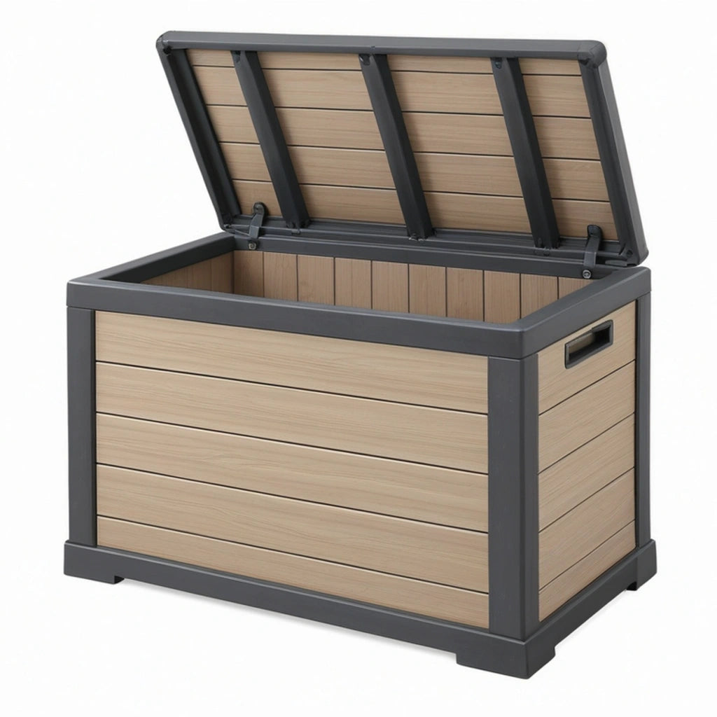 Cassapanca da esterno 120 x 60 x 63 cm in composito legno beige e metallo grigio con coperchio sollevabile