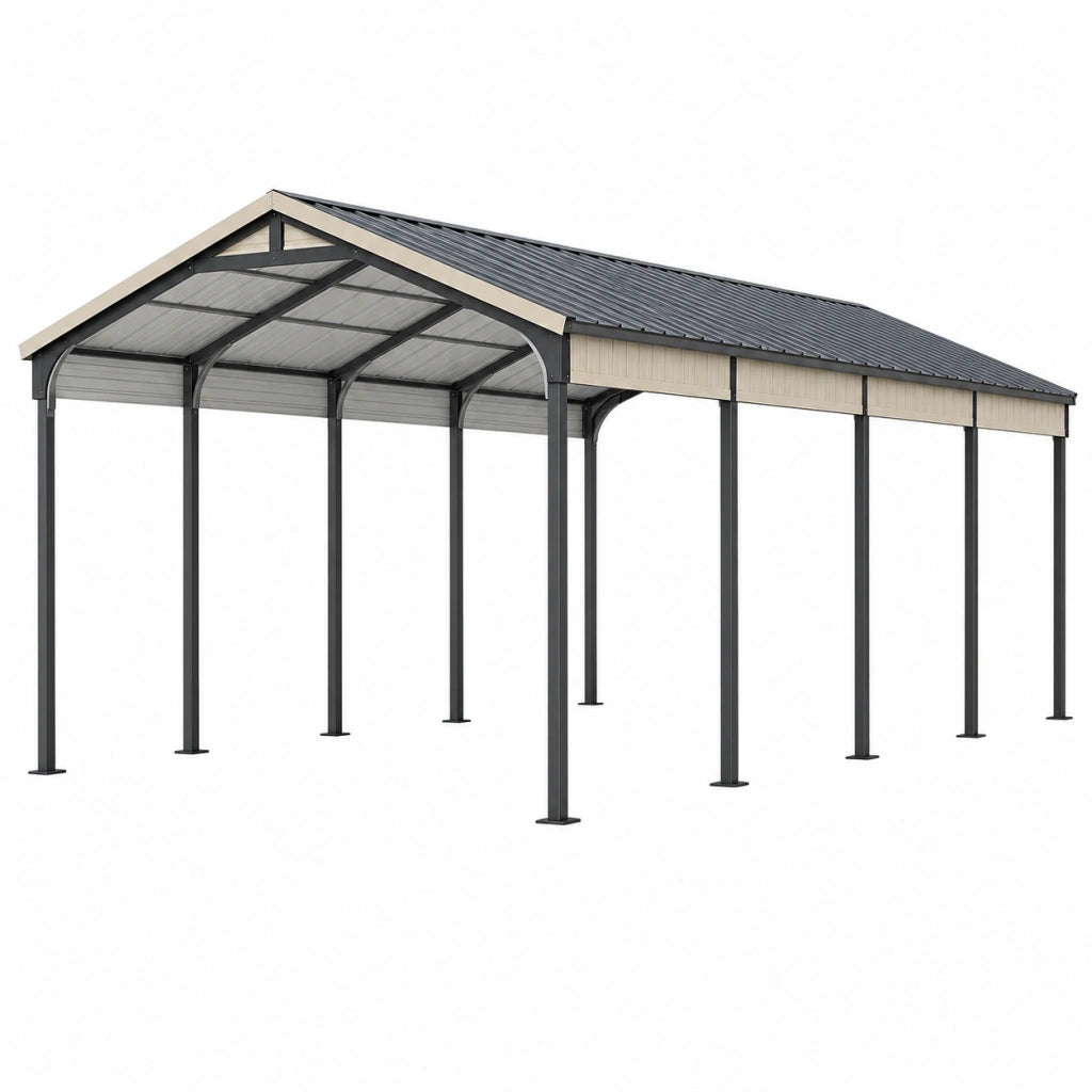 Tettoia per auto 600 x 300 x 270 cm in acciaio nero e grigio con tetto a due falde