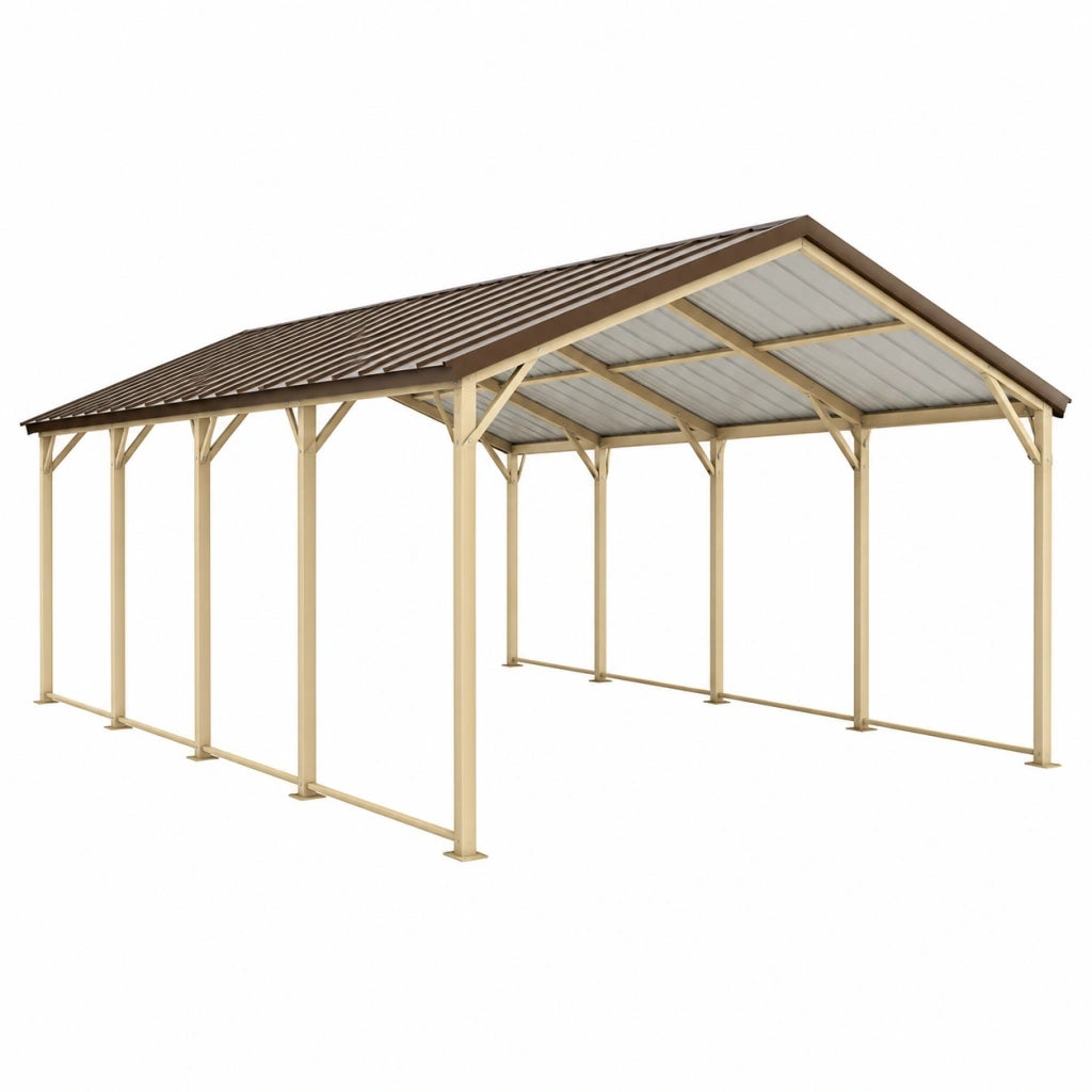 Tettoia auto 600 x 300 x 270 cm in metallo beige e marrone con copertura inclinata
